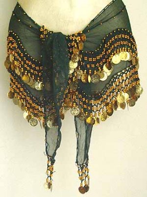 Bottle Green Belly Dancing Wave Design Hip Scarf 2 Line GOLD Coins