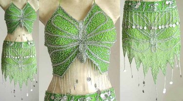 Belly Dancer Costumes Green Dress AS Silver