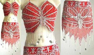 Belly Dancer Costumes Red Dress AS Silver