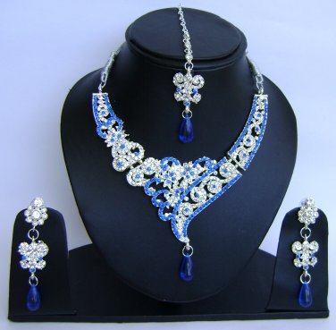 Indian Bridal Wedding Jewelry Set Diamond and Blue color stones NP-436