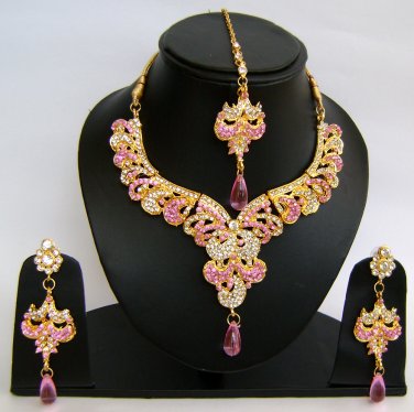 Indian Bridal Wedding Jewelry Set Diamond and Pink color stones NP-443