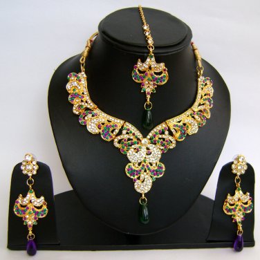 Indian Bridal Wedding Jewelry Set Diamond and Multi color stones NP-444