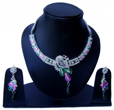 Indian Bridal Wedding Jewelry Set Diamonds and Multicolor stones NP-527