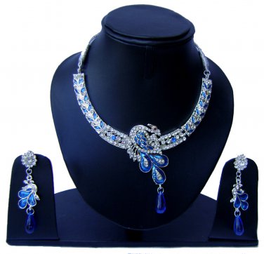 Indian Bridal Wedding Jewelry Set Diamonds and Blue color stones NP-528