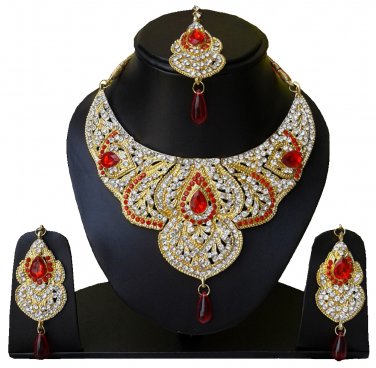 Indian Bridal Wedding Jewelry Set Diamonds and Red color stones NP-601