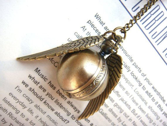 Enchanted Golden Snitch Ball Locket WATCH with silver Wings from Harry Potter