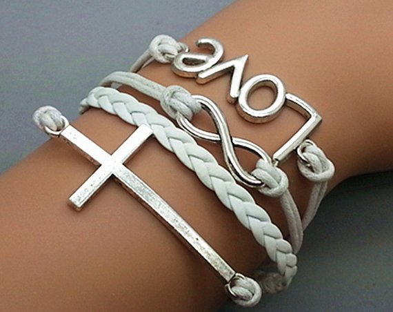 Silver Cross& Love And Infinity Wish Bracelet White Wax Cords White Braided