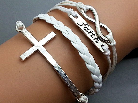 Silver Infinity Bracelet - Cross Bracelet - Faith Bracelet White Ropes Bracelet