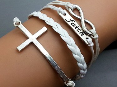 Silver Infinity Bracelet - Cross Bracelet - Faith Bracelet White Ropes Bracelet