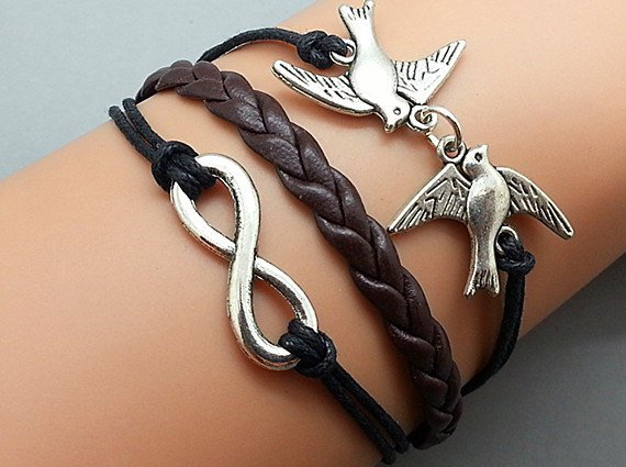 Silver Birds & Infinity wish Bracelet ,Black Ropes Dark Brown Braided Bracelet