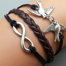 Silver Birds & Infinity wish Bracelet ,Black Ropes Dark Brown Braided Bracelet