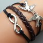 Silver Birds & Infinity wish Bracelet ,Black Ropes Dark Brown Braided Bracelet