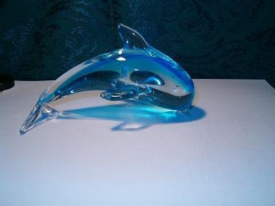 NEW Aqua Color Hand Blown Glass Dolphin Figurine