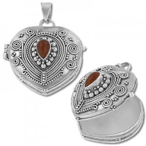 Sterling Silver Heart Prayer Box or Urn Pendant with Carnelian Pendant