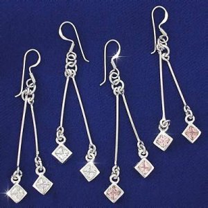 Sterling Silver Dangle Earring with 2 Cubic Zirconia Stones