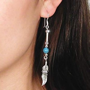 New .925 Sterling Silver Feather Dangle Earrings with Turquoise