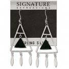 Sterling Silver Black Onyx Inlaid Triangle Suspened in Triangle with Feathers Hoop Earriings