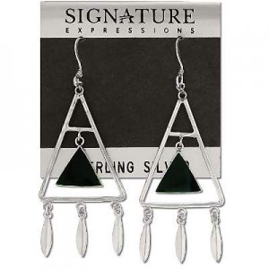 Sterling Silver Black Onyx Inlaid Triangle Suspened in Triangle with Feathers Hoop Earriings