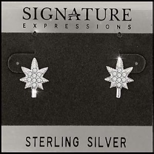 Sterling Silver Bud Leaf with 16 CZ Post Stud Earrings