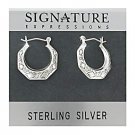 Sterling Silver Safety Pin Catch Octagon Hoops Engraved Earrings
