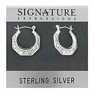 Sterling Silver Safety Pin Catch Octagon Hoops Engraved Earrings