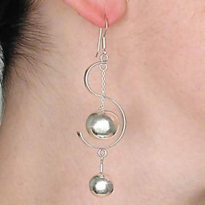 Sterling Silver Double Ball within S curve Dangle Earrings