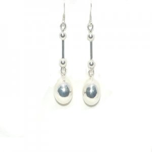 Sterling Silver Barbell And Puffball Dangle Earrings