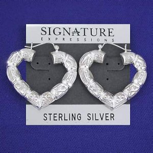 Sterling Silver Heart Shrimp Hoop Pin Catch Earrings with etchings