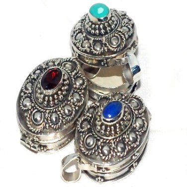 Sterling Silver Hand-made Prayer Box Pendant w/ Genuine Stone