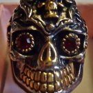 Stainless Steel Biker Skull Band Ring with Red Crystal Eyes Unisex 8, 9.5, 10.5