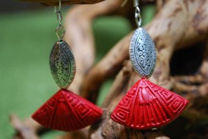 Tibetan Silver and Lacquer Fan Flower Earrings