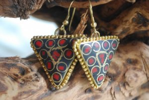 Tibetan Bronze Inlaid Turquoise Triangle Earrings