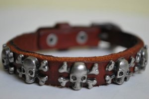 Small Skull Studded Brown Leather Cuff with Belt Buckle