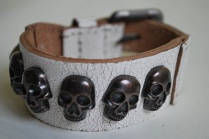 Handmade White Skull Weathered Leather Cuff