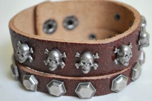 Handmade Brown Leather & Skull Cuff