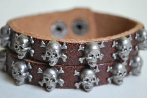 Vintage Style Brown Leather Cuff with Skulls