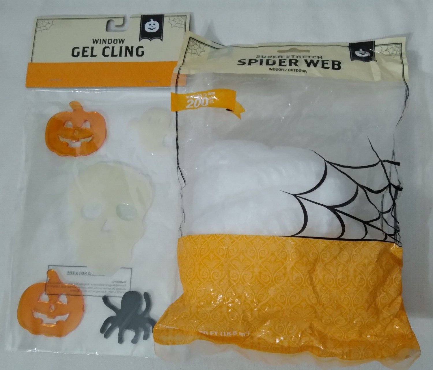 Halloween Bundle Super Stretch Spider Web 200 Sq Ft & 5 Halloween Window Clings