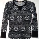 Faded Glory Womens Thermal Long Sleeve Top Sz XS 0-2 Black White Snowflakes Knit