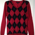 Tommy Hilfiger Womens Red Navy Argyle Sweater Sz XS Long Sleeve IVY Pullover NEW
