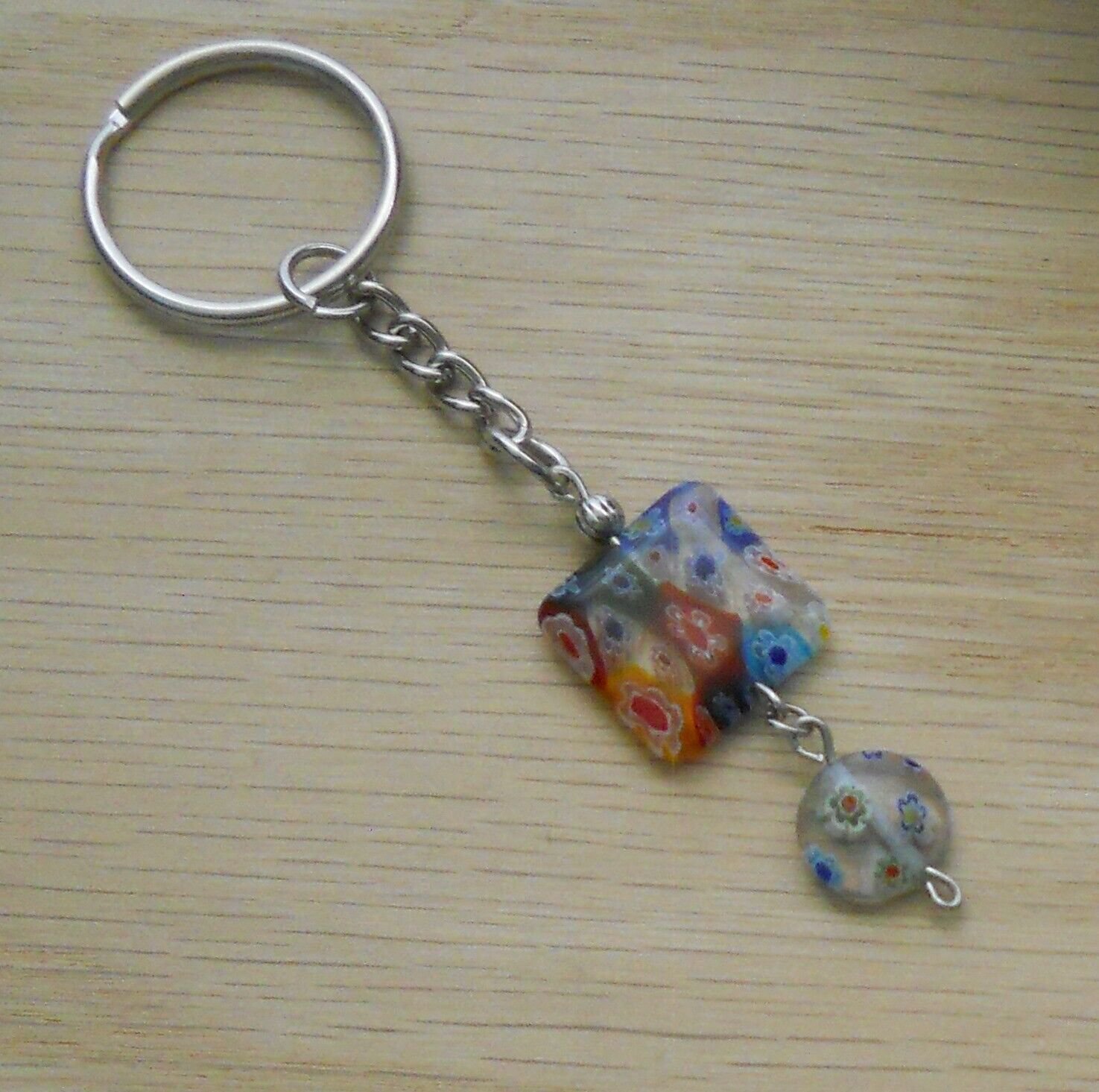 Clear Yet Colorful Square Millefiori Beaded Handbag Charm Keychain Keyring