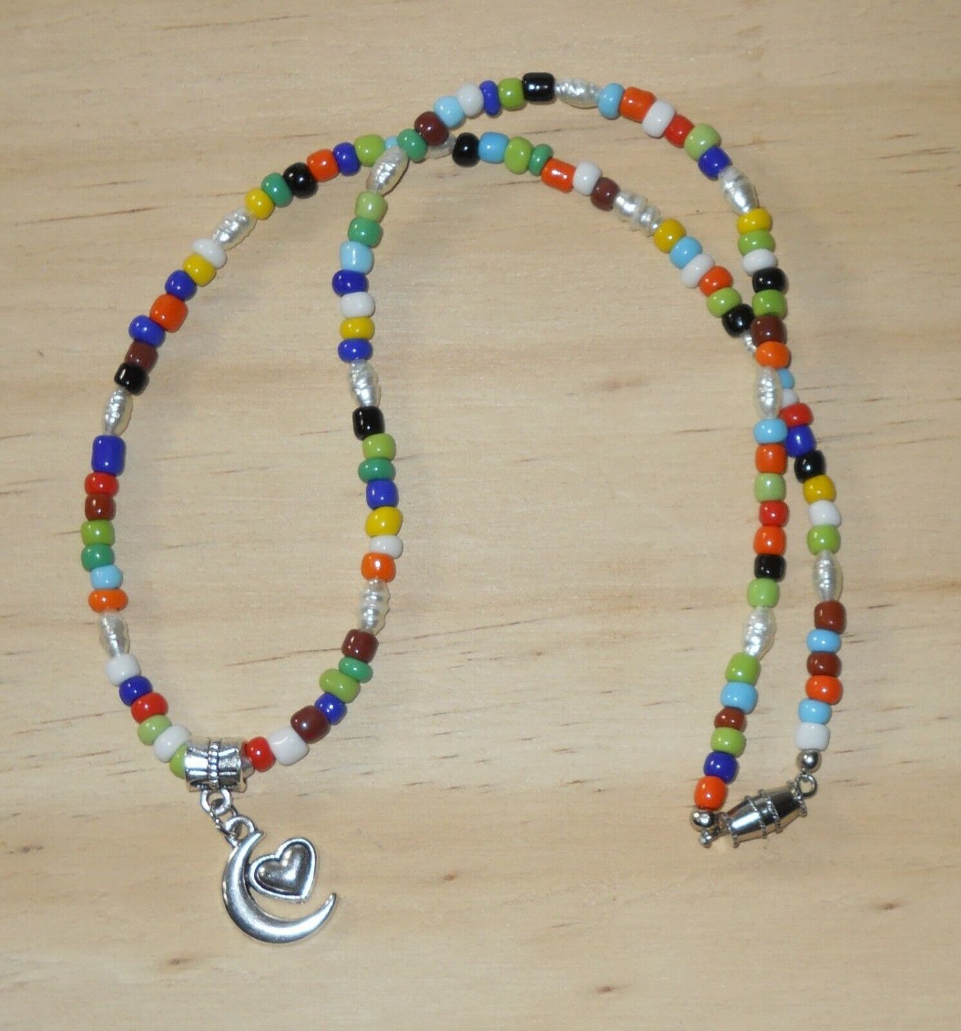 Silver Moon Heart Pendant Necklace Boho Multicolor Seed Bead Y2K Necklace 18 in