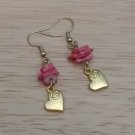 Pink Polished Flat Shell Chip Bead Earrings w Gold Heart Dangle Charm