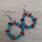 Blue and Red Glass and River Shell Bead Paper Clip Boho Hippie Hoop Earrings