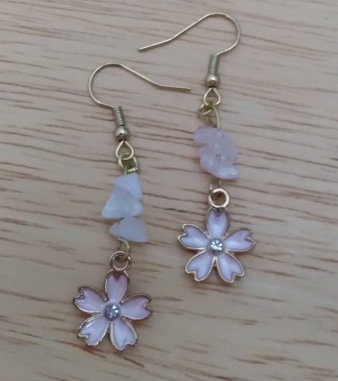 Rose Quartz Chip Bead & Flower Pink Healing Gemstone Drop Dangle Earrings