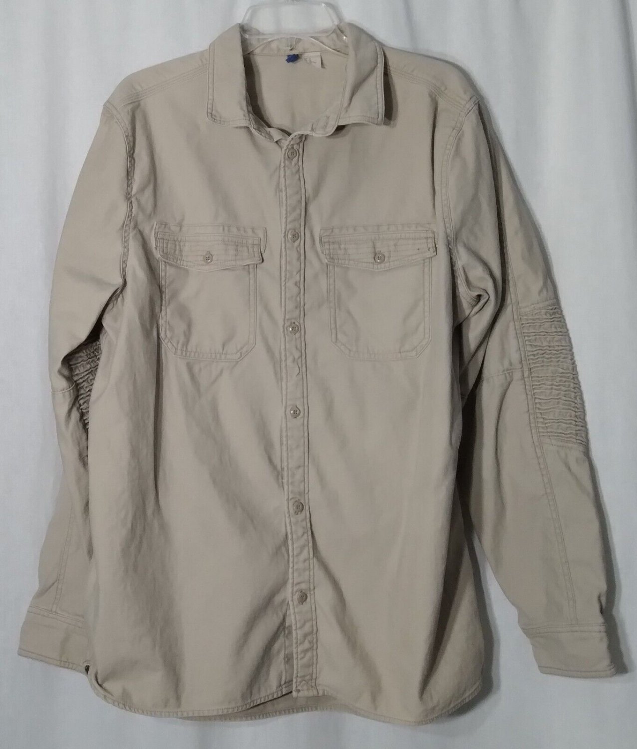 H&M Divided Mens Shirt Jacket Sz XL Beige Long Sleeve Pockets Ruched Elbow