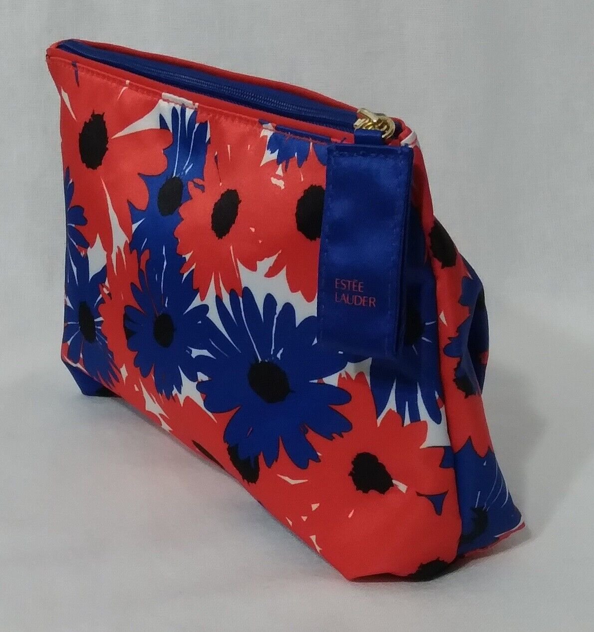 Estee Lauder Cosmetic Makeup Bag Red Blue Flowers Floral Travel Case Pouch
