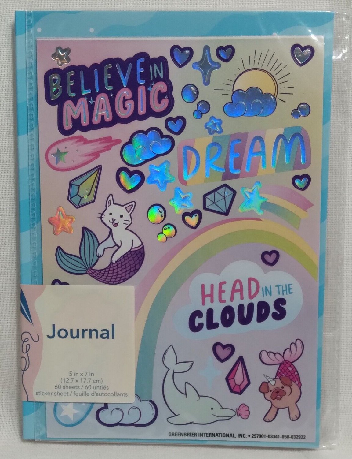 Blue Journal Notebook Notepad Believe in Magic Stickers 60 Sheets Wide Ruled 5x7
