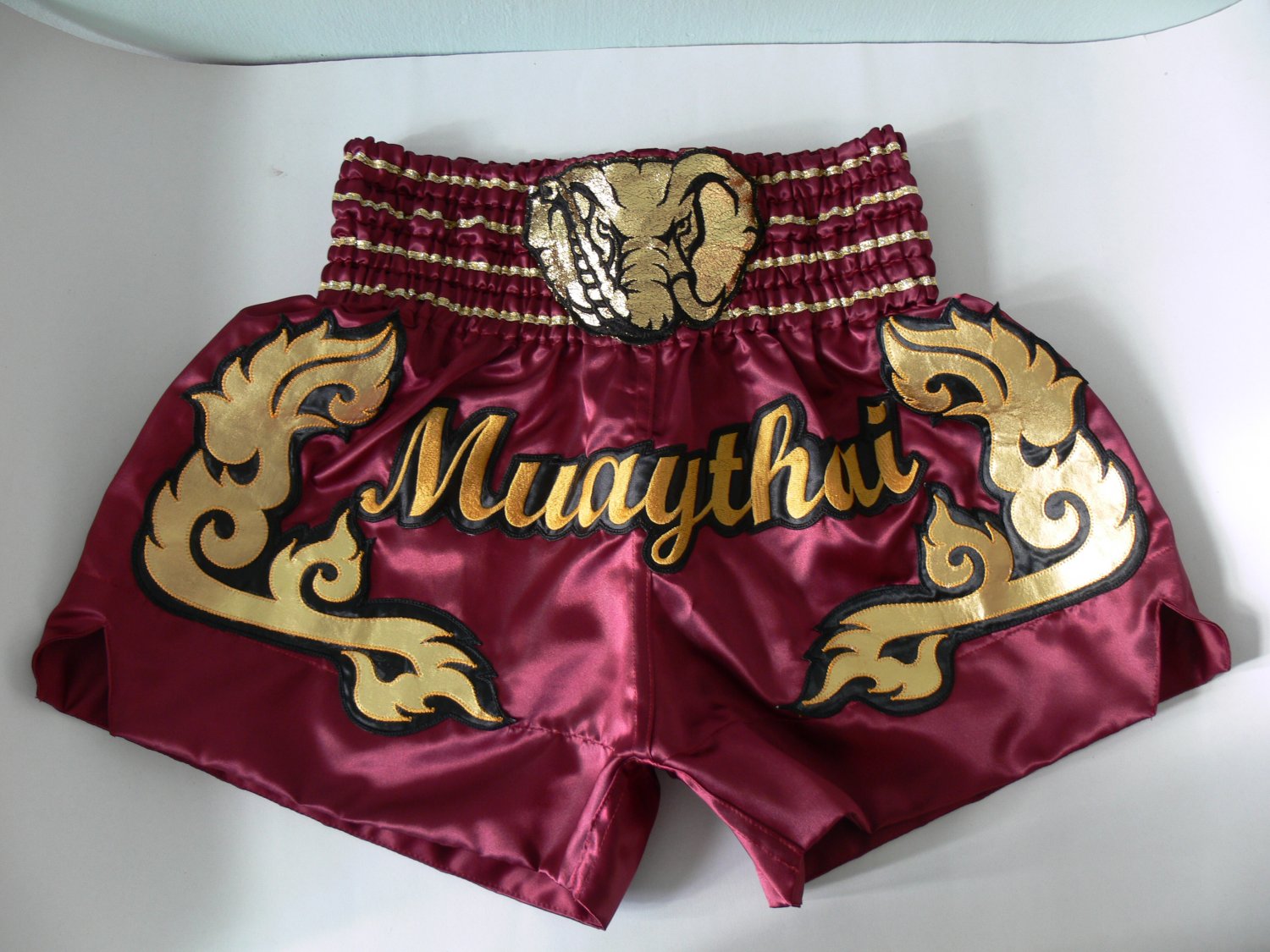 Muay Thai Kick Boxing MMA Shorts Gold Elephant Head Design Satin