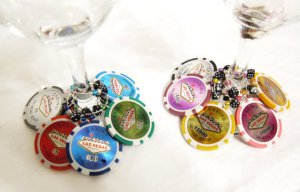 Las Vegas clay POKER CHIP and dice Wine Charms -- One set of 10 wine charms
