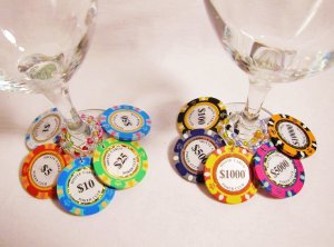Monte Carlo clay rainbow colored POKER CHIP wine charms -- One set of 10